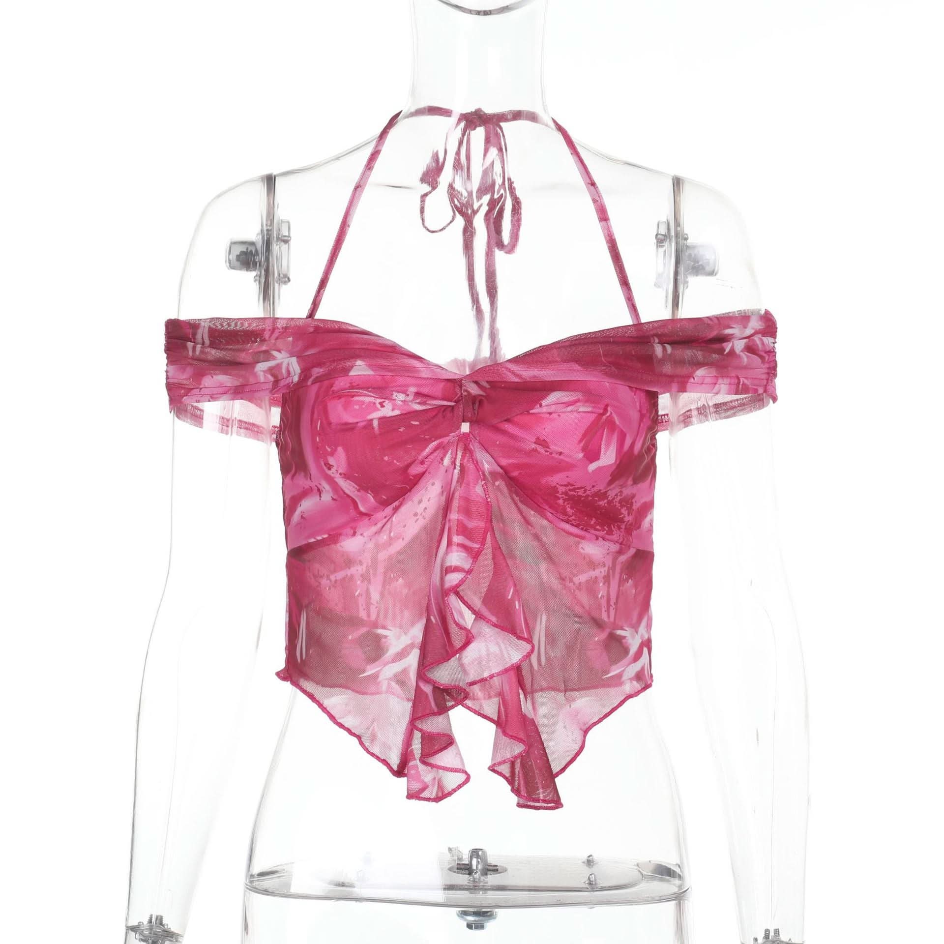 Vibrant Y2K Pink Floral Ruffle Halter Crop Top - Off-Shoulder Statement Blouse