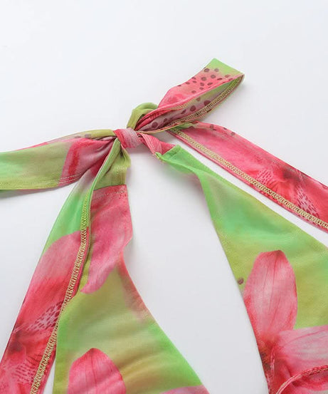 Vibrant Y2K Floral Halter Mini Dress - Tropical Pink & Green Tie-Front for Your Next Getaway
