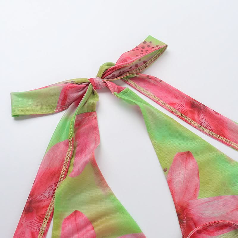 Vibrant Y2K Floral Halter Mini Dress - Tropical Pink & Green Tie-Front for Your Next Getaway
