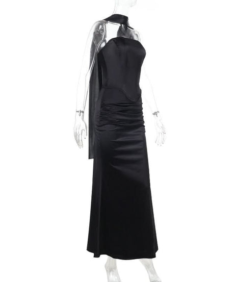 Luxurious Black Satin Halter Corset Top & Ruched Maxi Skirt Set – Holiday Gala & NYE Ready