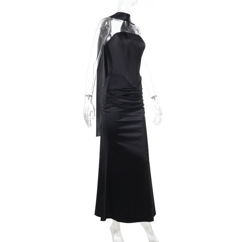 Luxurious Black Satin Halter Corset Top & Ruched Maxi Skirt Set – Holiday Gala & NYE Ready