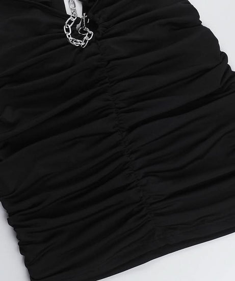 Sultry Halter Chain Cutout Ruched Mini Dress – Your Go-To Black Party Dress for Fall Nights
