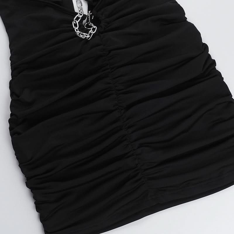 Sultry Halter Chain Cutout Ruched Mini Dress – Your Go-To Black Party Dress for Fall Nights