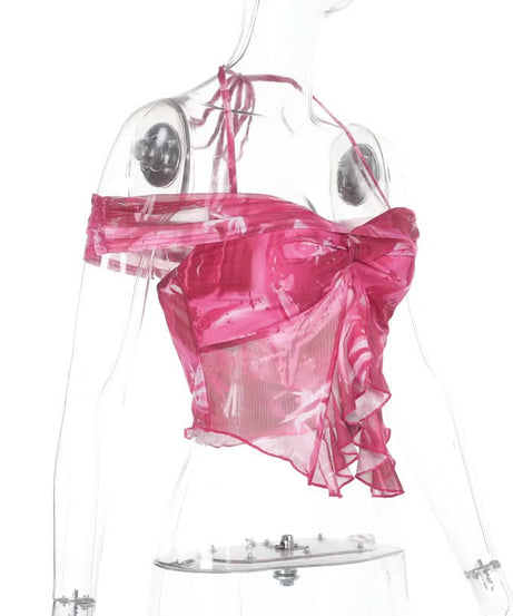 Vibrant Y2K Pink Floral Ruffle Halter Crop Top - Off-Shoulder Statement Blouse
