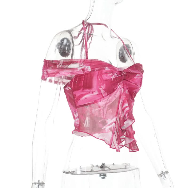 Vibrant Y2K Pink Floral Ruffle Halter Crop Top - Off-Shoulder Statement Blouse