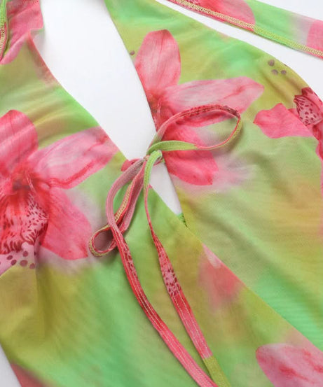 Vibrant Y2K Floral Halter Mini Dress - Tropical Pink & Green Tie-Front for Your Next Getaway
