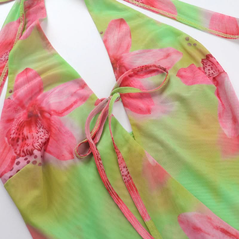 Vibrant Y2K Floral Halter Mini Dress - Tropical Pink & Green Tie-Front for Your Next Getaway