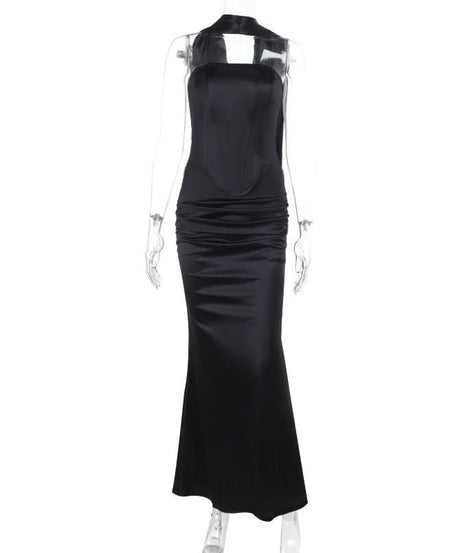 Luxurious Black Satin Halter Corset Top & Ruched Maxi Skirt Set – Holiday Gala & NYE Ready