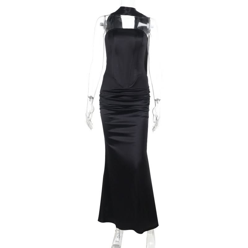 Luxurious Black Satin Halter Corset Top & Ruched Maxi Skirt Set – Holiday Gala & NYE Ready