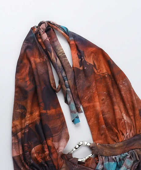Autumn Aura Halter Cutout Mini Dress - Earthy Teal Abstract Print for Fall Nights Out