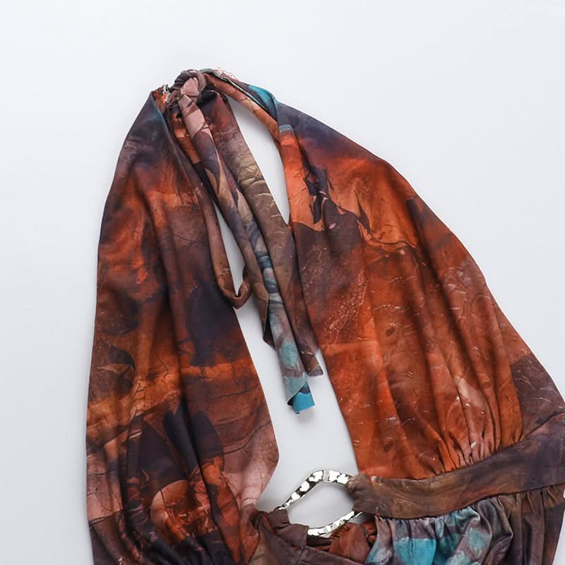 Autumn Aura Halter Cutout Mini Dress - Earthy Teal Abstract Print for Fall Nights Out