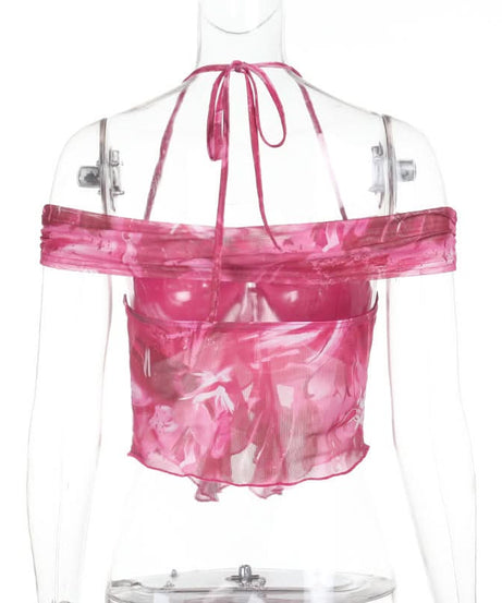 Vibrant Y2K Pink Floral Ruffle Halter Crop Top - Off-Shoulder Statement Blouse