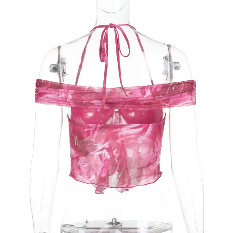 Vibrant Y2K Pink Floral Ruffle Halter Crop Top - Off-Shoulder Statement Blouse