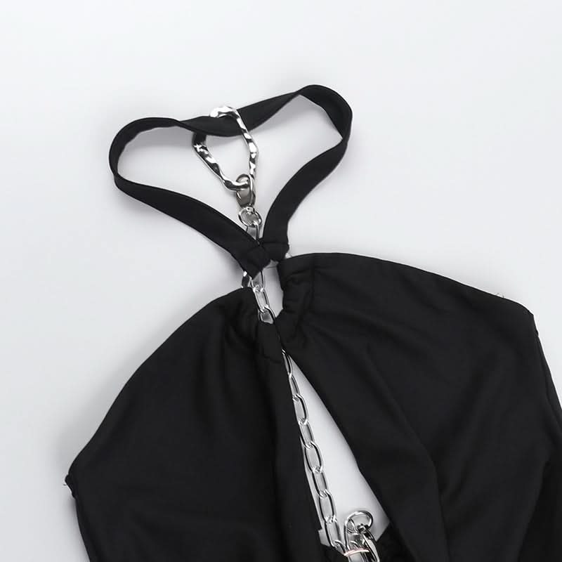 Sultry Halter Chain Cutout Ruched Mini Dress – Your Go-To Black Party Dress for Fall Nights