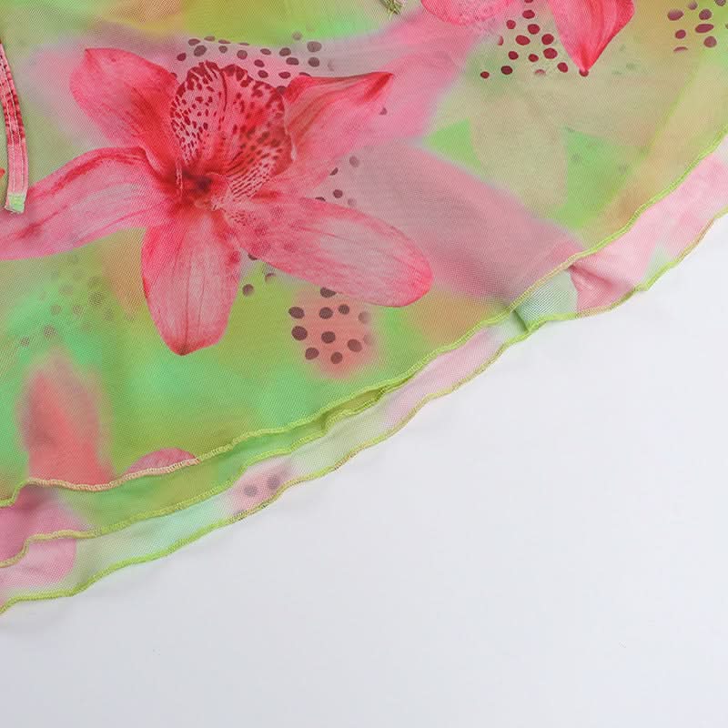Vibrant Y2K Floral Halter Mini Dress - Tropical Pink & Green Tie-Front for Your Next Getaway