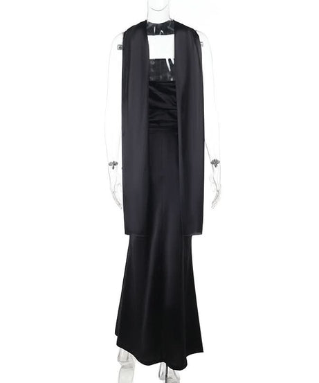 Luxurious Black Satin Halter Corset Top & Ruched Maxi Skirt Set – Holiday Gala & NYE Ready