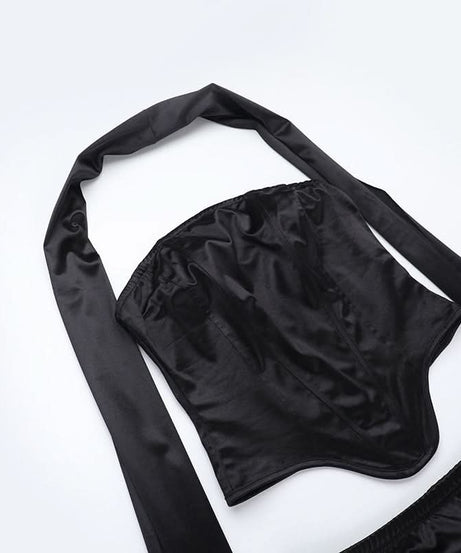 Luxurious Black Satin Halter Corset Top & Ruched Maxi Skirt Set – Holiday Gala & NYE Ready