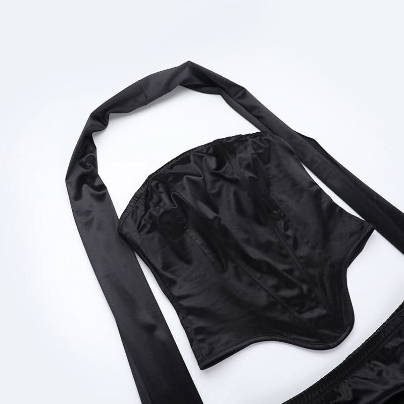 Luxurious Black Satin Halter Corset Top & Ruched Maxi Skirt Set – Holiday Gala & NYE Ready