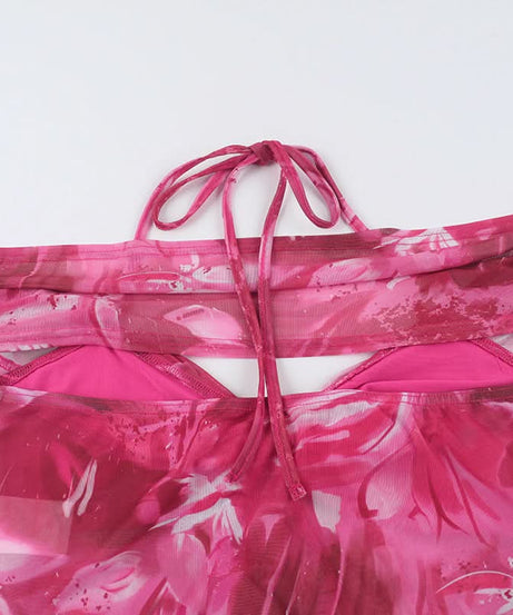 Vibrant Y2K Pink Floral Ruffle Halter Crop Top - Off-Shoulder Statement Blouse