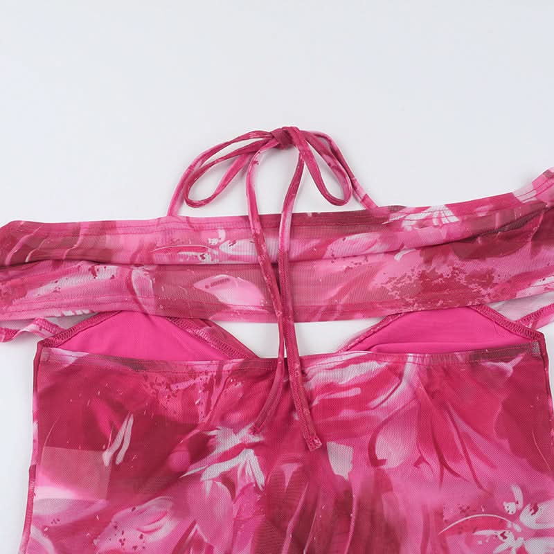 Vibrant Y2K Pink Floral Ruffle Halter Crop Top - Off-Shoulder Statement Blouse