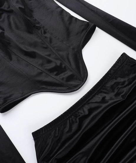 Luxurious Black Satin Halter Corset Top & Ruched Maxi Skirt Set – Holiday Gala & NYE Ready