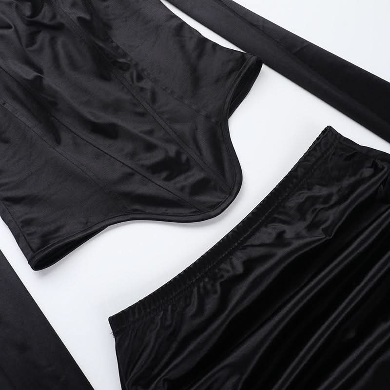 Luxurious Black Satin Halter Corset Top & Ruched Maxi Skirt Set – Holiday Gala & NYE Ready