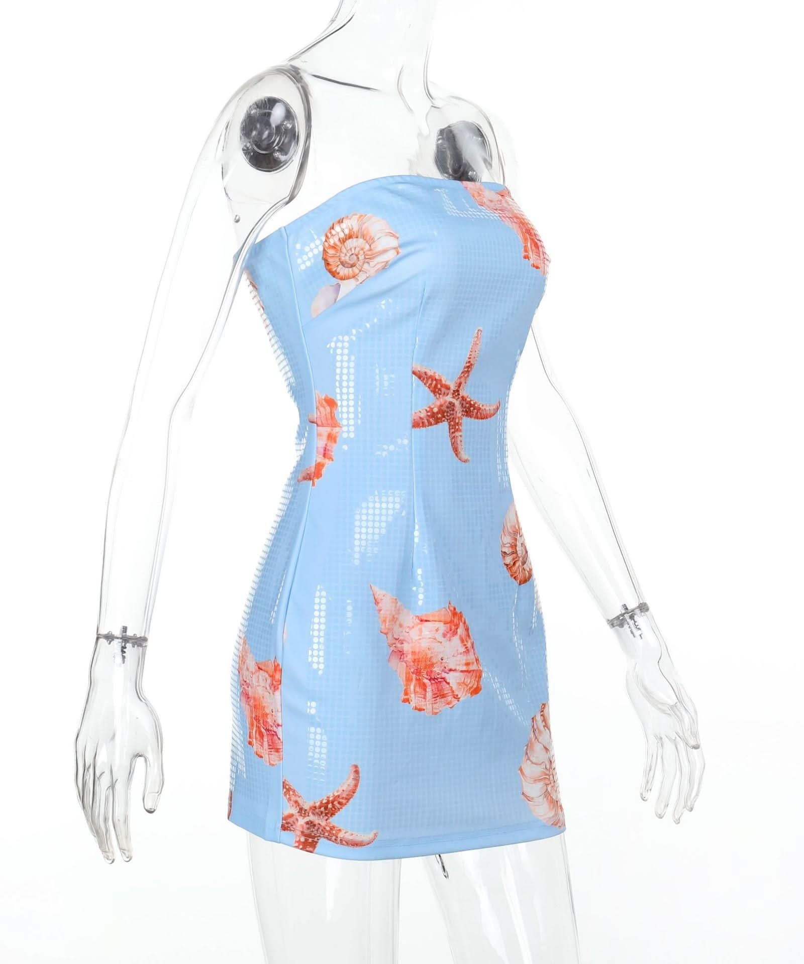 Y2K Mermaidcore Shimmer Seashell & Starfish Tube Mini Dress - Tropical Getaway & Halloween Party Ready!