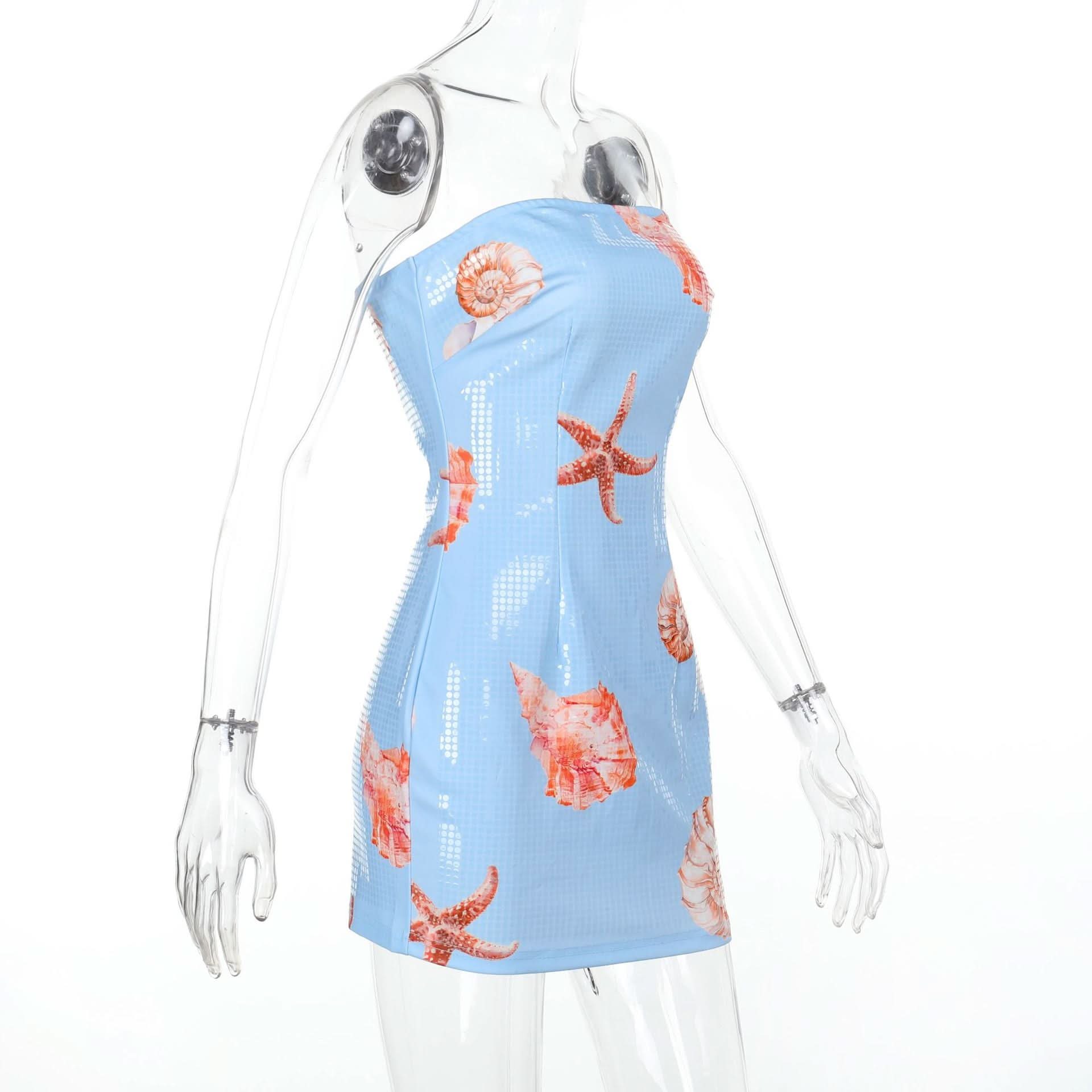 Y2K Mermaidcore Shimmer Seashell & Starfish Tube Mini Dress - Tropical Getaway & Halloween Party Ready!