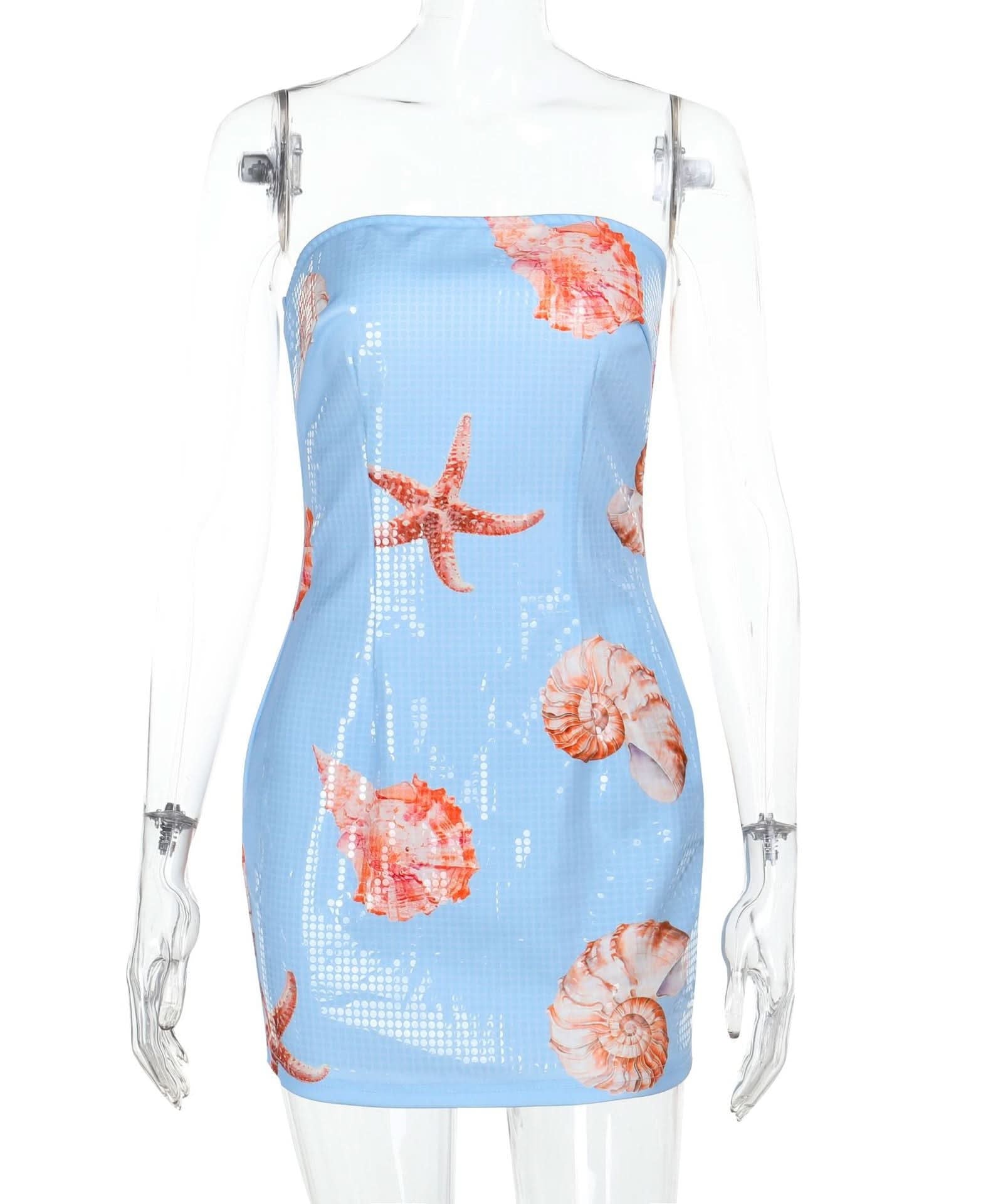 Y2K Mermaidcore Shimmer Seashell & Starfish Tube Mini Dress - Tropical Getaway & Halloween Party Ready!