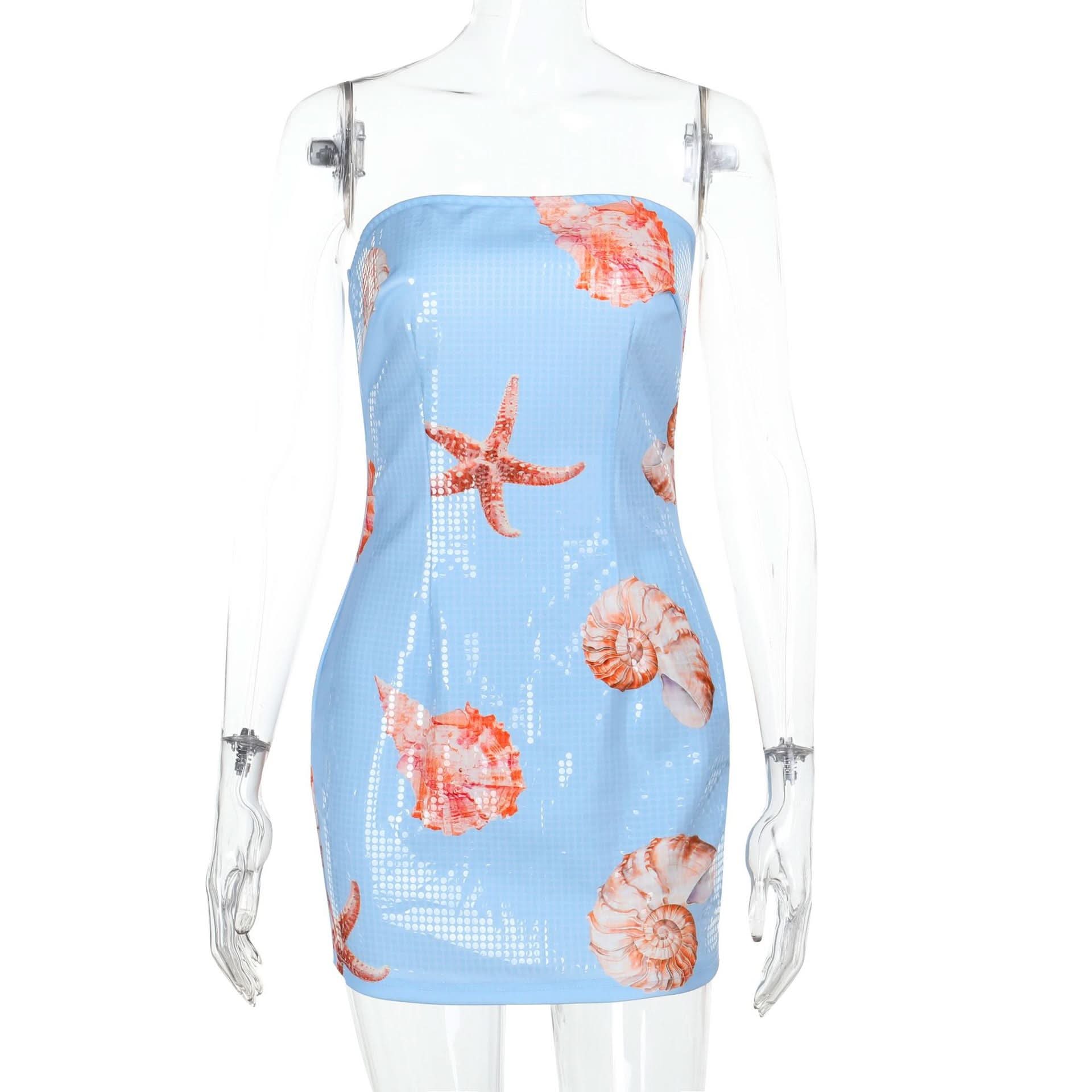 Y2K Mermaidcore Shimmer Seashell & Starfish Tube Mini Dress - Tropical Getaway & Halloween Party Ready!