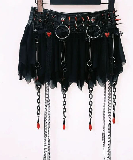 Gothic Punk Spiked Skull Chain Corset & Mini Skirt Set - Unleash Your Halloween & Festival Spirit