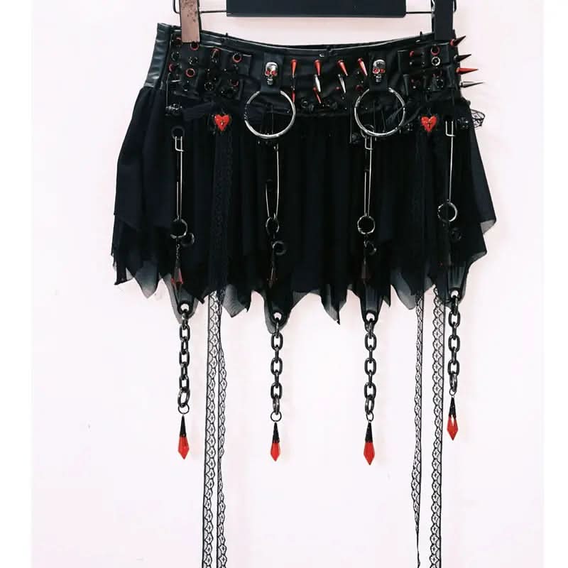 Gothic Punk Spiked Skull Chain Corset & Mini Skirt Set - Unleash Your Halloween & Festival Spirit