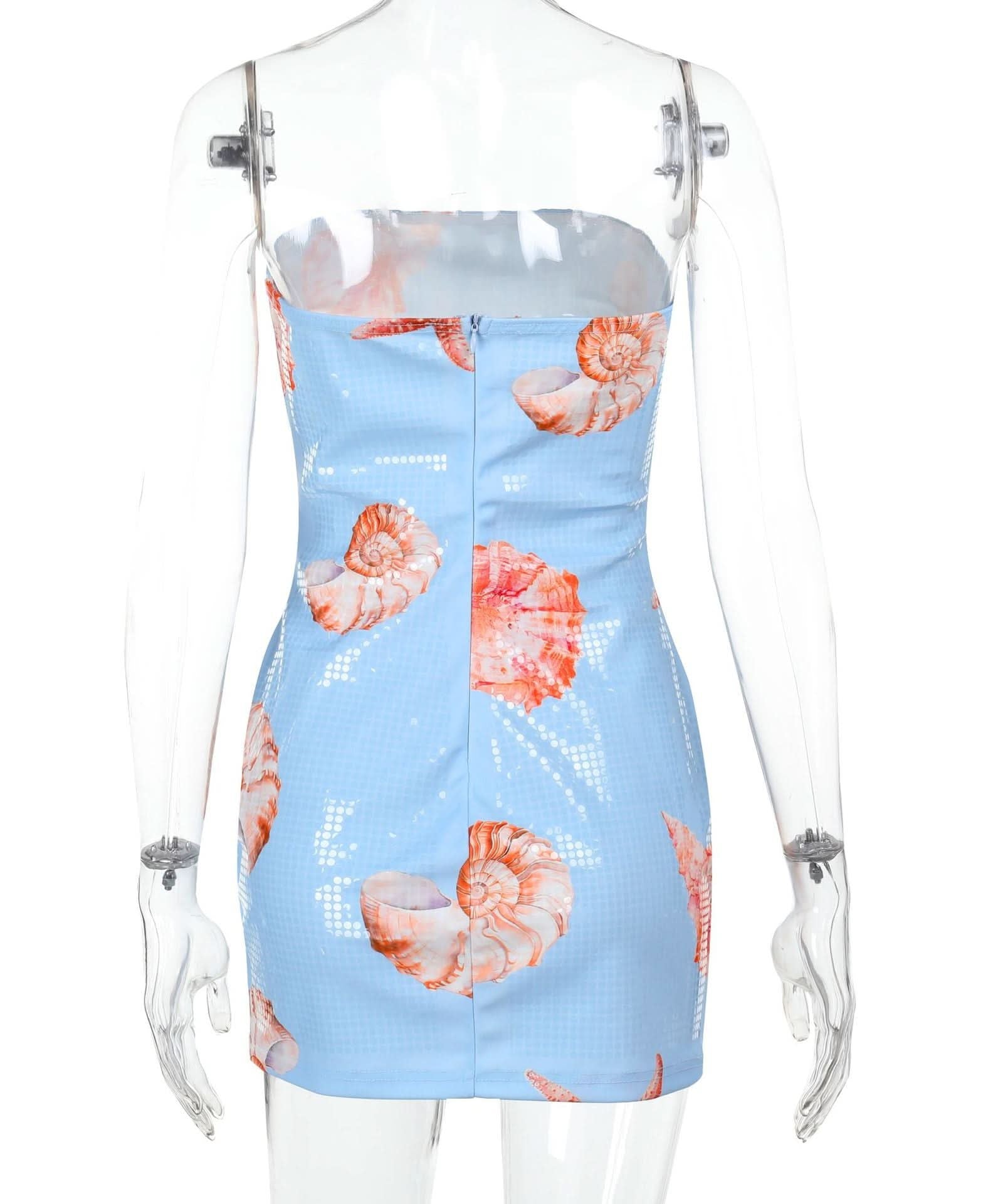 Y2K Mermaidcore Shimmer Seashell & Starfish Tube Mini Dress - Tropical Getaway & Halloween Party Ready!