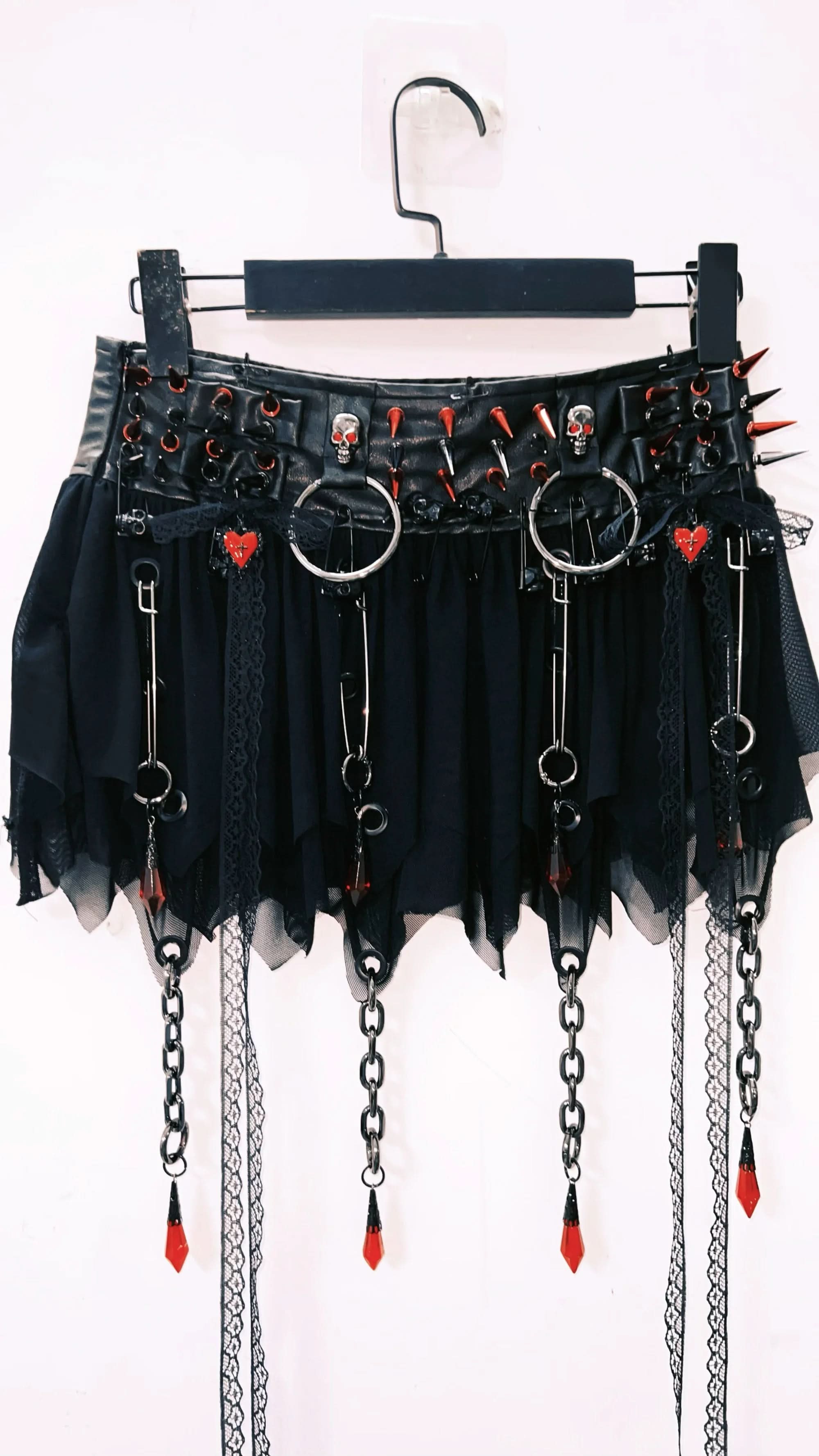 Gothic Punk Spiked Skull Chain Corset & Mini Skirt Set - Unleash Your Halloween & Festival Spirit