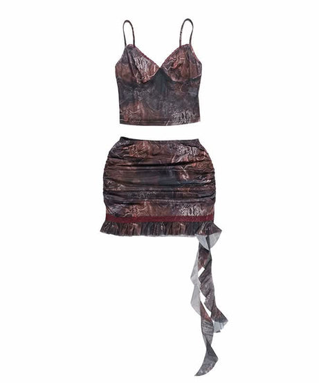Mystic Tapestry Mesh Cami & Ruched Mini Skirt Set - Chic Fall Party Co-ord