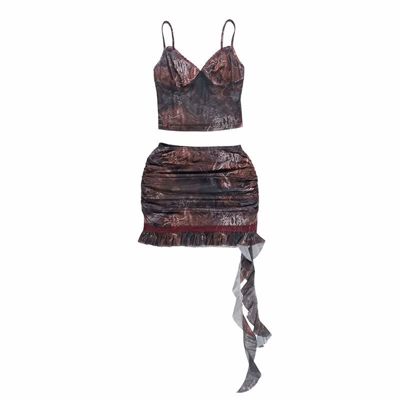 Mystic Tapestry Mesh Cami & Ruched Mini Skirt Set - Chic Fall Party Co-ord