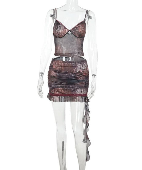 Mystic Tapestry Mesh Cami & Ruched Mini Skirt Set - Chic Fall Party Co-ord