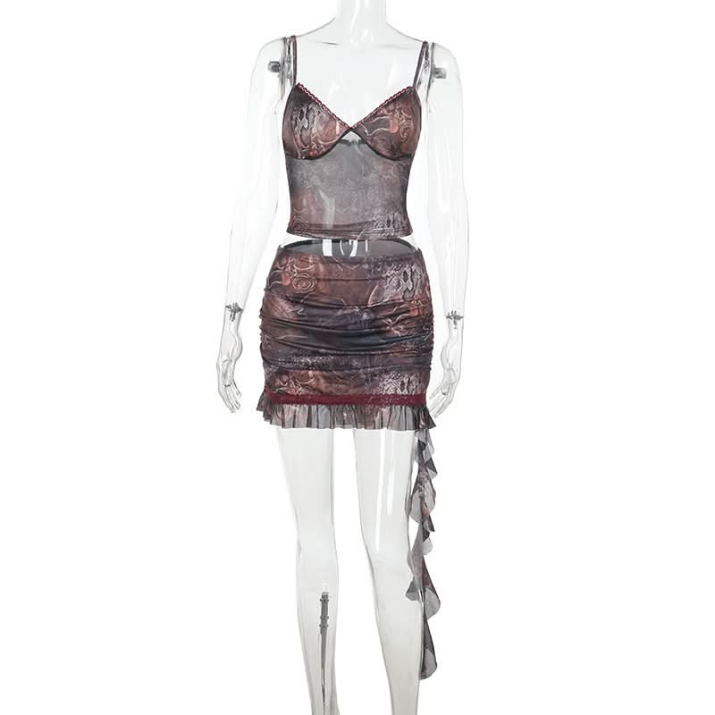 Mystic Tapestry Mesh Cami & Ruched Mini Skirt Set - Chic Fall Party Co-ord