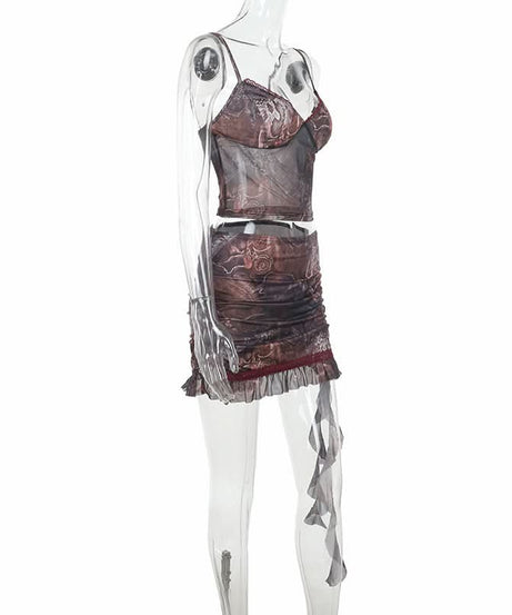Mystic Tapestry Mesh Cami & Ruched Mini Skirt Set - Chic Fall Party Co-ord