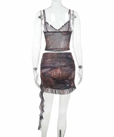 Mystic Tapestry Mesh Cami & Ruched Mini Skirt Set - Chic Fall Party Co-ord
