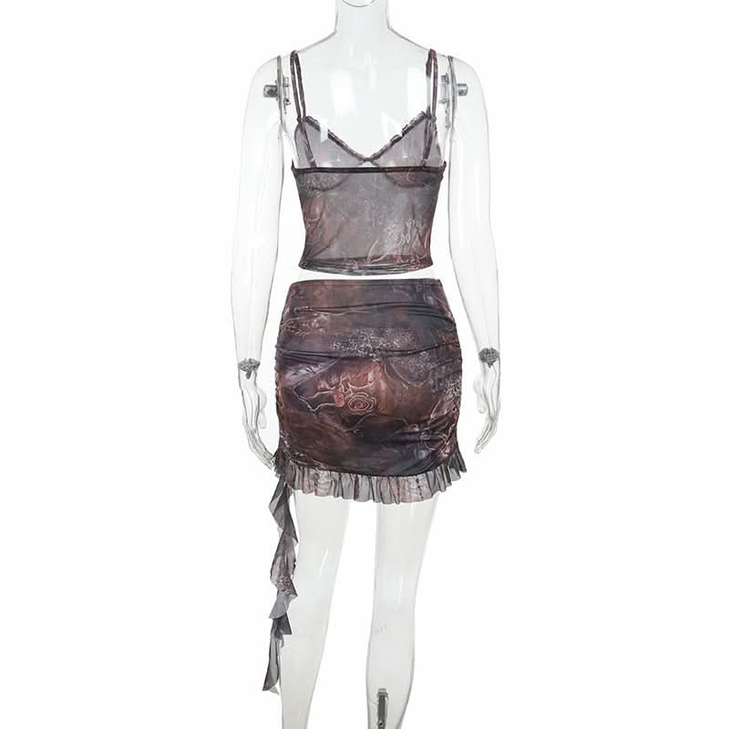 Mystic Tapestry Mesh Cami & Ruched Mini Skirt Set - Chic Fall Party Co-ord