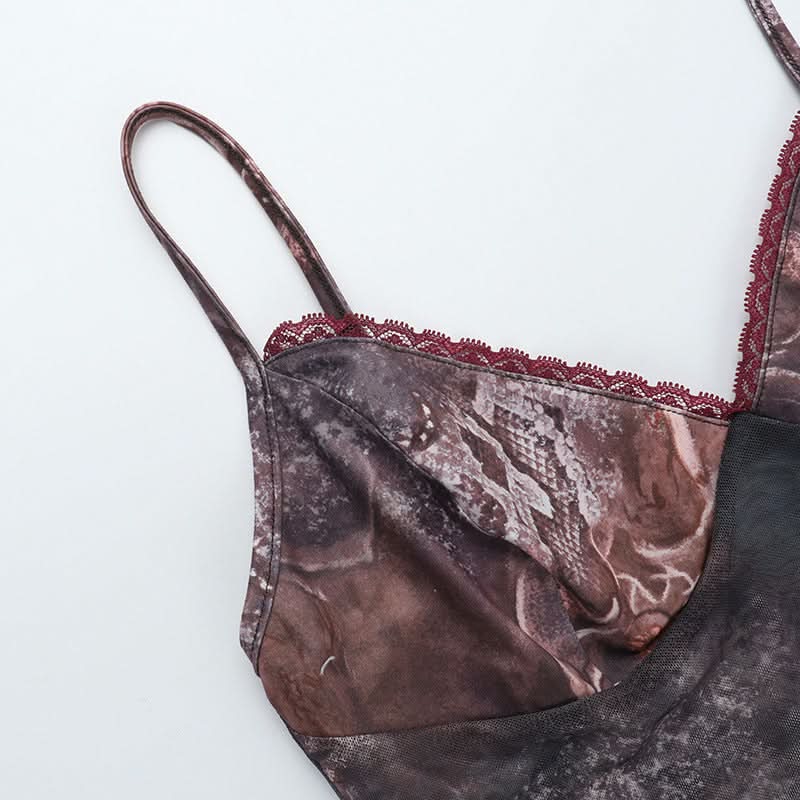 Mystic Tapestry Mesh Cami & Ruched Mini Skirt Set - Chic Fall Party Co-ord