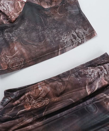 Mystic Tapestry Mesh Cami & Ruched Mini Skirt Set - Chic Fall Party Co-ord