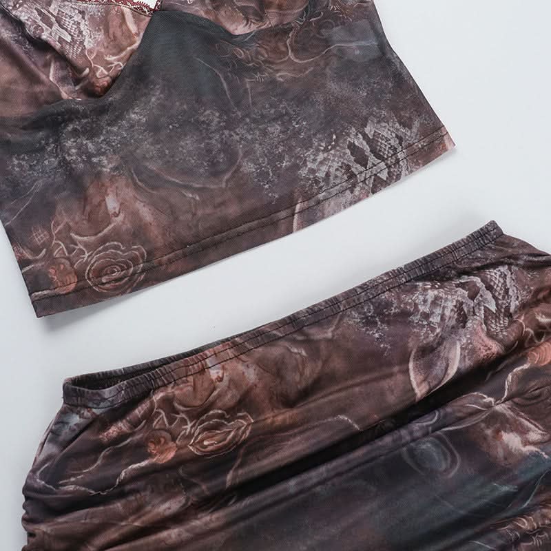 Mystic Tapestry Mesh Cami & Ruched Mini Skirt Set - Chic Fall Party Co-ord