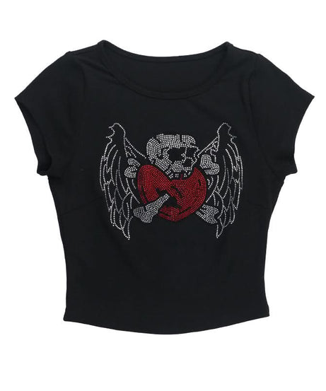 Spooky Chic Rhinestone Skull & Winged Heart Crop Top | Y2K Fall Fashion