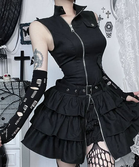 Gothic Glam Zip-Up Ruffle Mini Dress - Edgy Fall & Halloween Statement