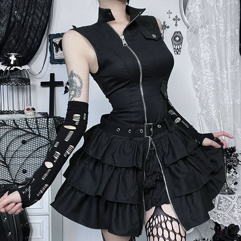 Gothic Glam Zip-Up Ruffle Mini Dress - Edgy Fall & Halloween Statement