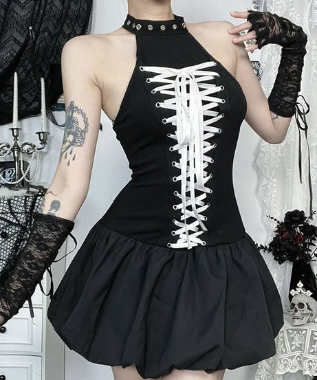 Gothic Chic Halter Corset Mini Dress - Edgy Bubble Skirt for Fall & Halloween Parties