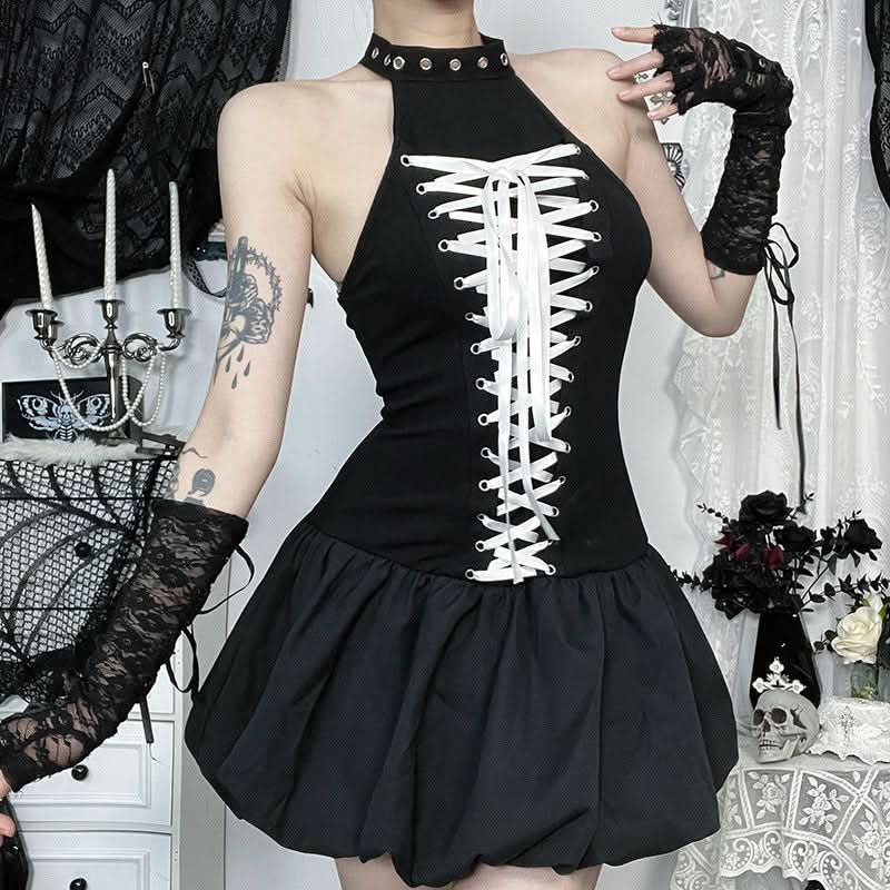Gothic Chic Halter Corset Mini Dress - Edgy Bubble Skirt for Fall & Halloween Parties