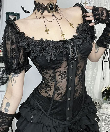 Bewitching Black Lace Off-Shoulder Corset Top | Goth Halloween & Dark Romance
